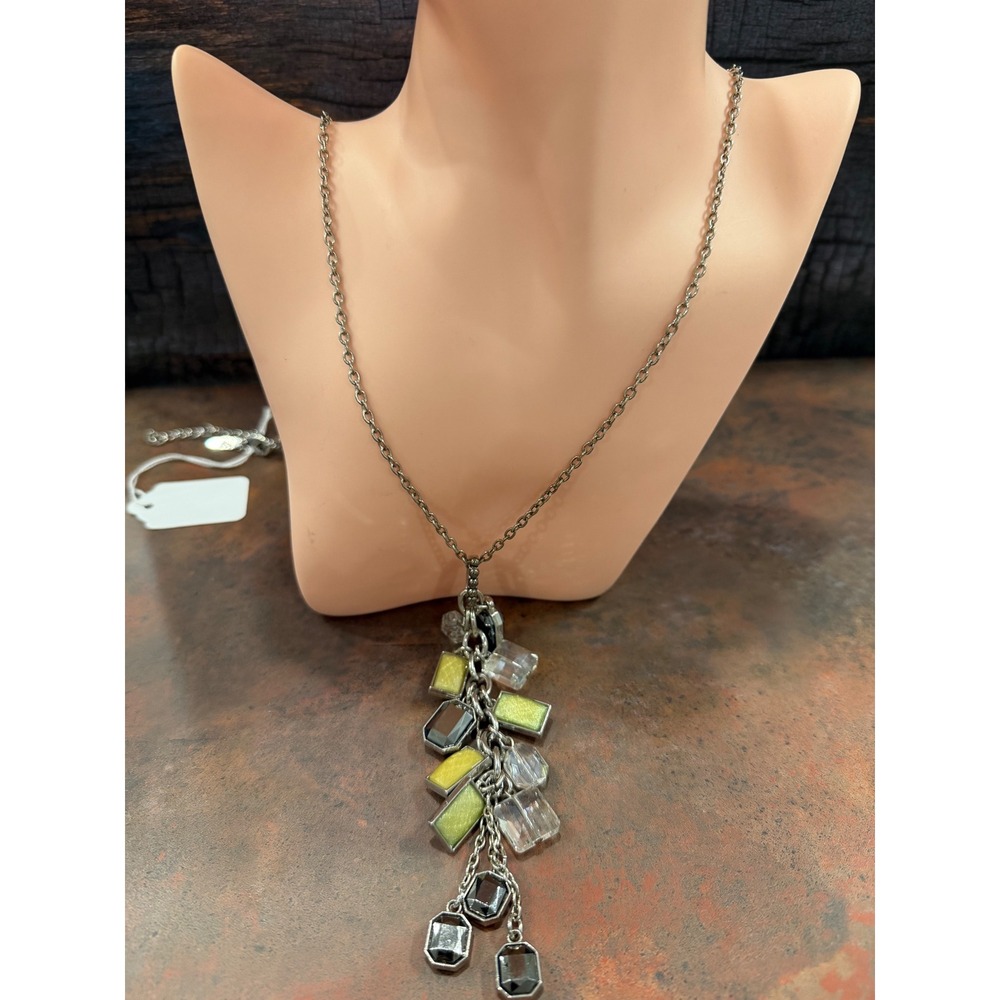 Signed NY Silver-Tone Green & Clear Charm Necklace – 20"